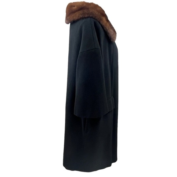 VTG Black Wool A-Line Swing Coat Scalloped Mink Collar Raglan Sleeves Jackie O - Picture 2 of 16
